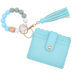 1 Прямоугольные держатели для визитных карточек из искусственной кожи, с деревянными силиконовыми ремешками, украшенными бусинами и кисточками, и застежками из сплава.