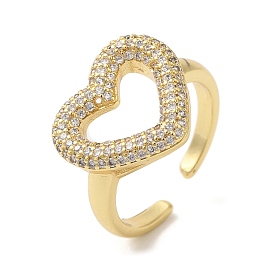 Heart Brass Micro Pave Clear Cubic Zirconia Open Cuff Rings, for Women, Lead Free & Cadmium Free