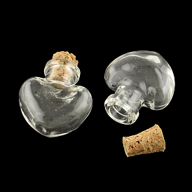Bouteille en verre de coeur pour les conteneurs de perles, avec bouchon en liège, souhaitant bouteille, 25x22x11mm, Trou: 6mm