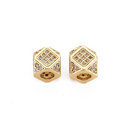 Brass Micro Pave Clear Cubic Zirconia Beads, Six Sided Celestial Dice