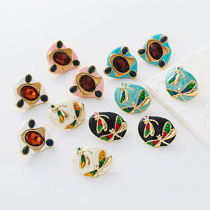 304 Stainless Steel Enamel Stud Earrings for Women, Nuggets with Dragonfly, with Resin