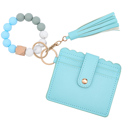 1 Прямоугольные держатели для визитных карточек из искусственной кожи, с деревянными силиконовыми ремешками, украшенными бусинами и кисточками, и застежками из сплава.