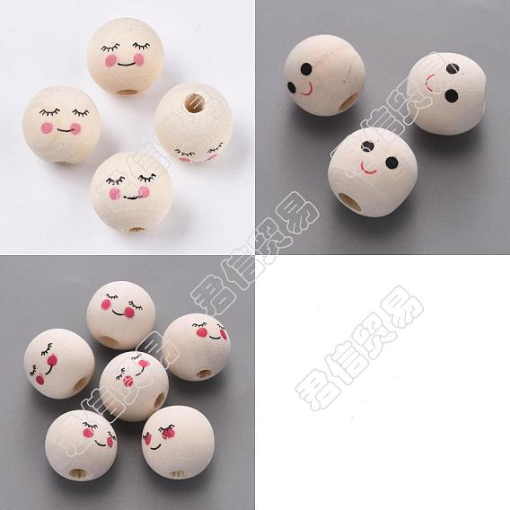 60Pcs 3 Style Maple Wood European Beads, Large Hole Beads, Undyed, Round with Printed Smiling Face