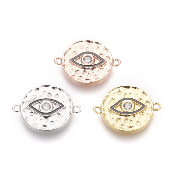 Brass Micro Pave Cubic Zirconia Links, with Enamel, Lead Free & Cadmium Free, Flat Round with Eye