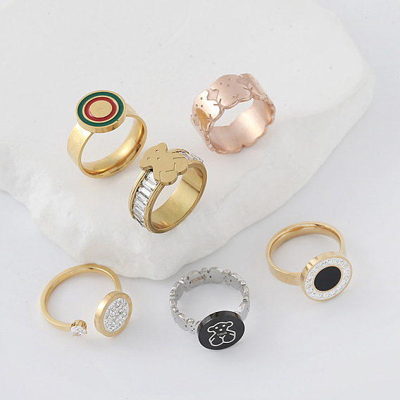 304 Stainless Steel Finger Rings for Couple, Round, with Enamel