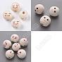 60Pcs 3 Style Maple Wood European Beads, Large Hole Beads, Undyed, Round with Printed Smiling Face