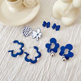 Blue Retro Bowknot Silver Needle Stud Earrings Baking Lacquer Earrings Oil Drip Flower Geometric Pearl Ear Clip Pendant