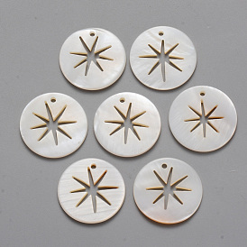 Natural Freshwater Shell Pendants, Flat Round with Hollow Star