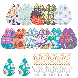 Superfindings bricolage 11 paires de kits de fabrication de boucles d'oreilles en cuir pu motif de fleurs, y compris 11 styles grands pendentifs, crochets et anneaux de saut en laiton