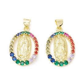 Rack Plating Brass Micro Pave Cubic Zirconia Pendants, Real 18K Gold Plated, Long-Lasting Plated, Oval with Virgin Mary