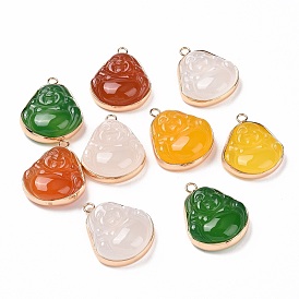 Natural Agate Pendants, with Light Gold Plated Brass Findings, Dyed & Heated, Buddha Charm