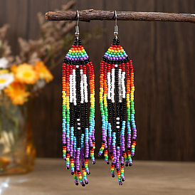 Colorful Ethnic Style Glass Seed Beads Tassel Dangle Earrings for Women, Handmade Rainbow Jewelry