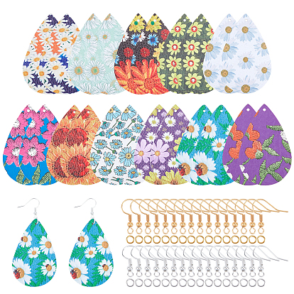 DIY 11Pairs Flower Pattern PU Leather Earring Making Kits, Including 11 Styles Big Pendants, Brass Earring Hooks & Jump Rings