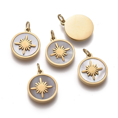 Natural Shell Charms, with Golden Plated 316 Surgical Stainless Steel Findings and Jump Rings, Flat Round with Star