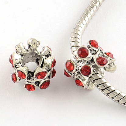 Column Antique Silver Plated Alloy Rhinestone European Beads, Large Hole Beads, 10~11x7~8mm, Hole: 5mm