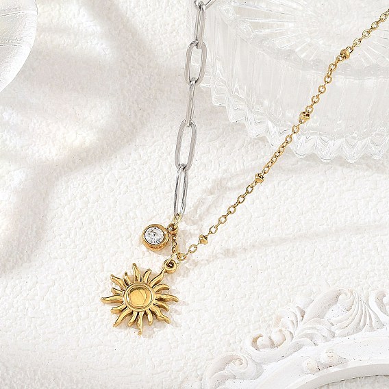 Duo Tone 304 Stainless Steel Sun Pendant Mixed Chain Necklaces for Women