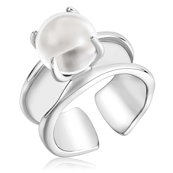 925 Sterling Silver Open Cuff Ring, Natural Quartz Crystal Round Beaded Ring for Women