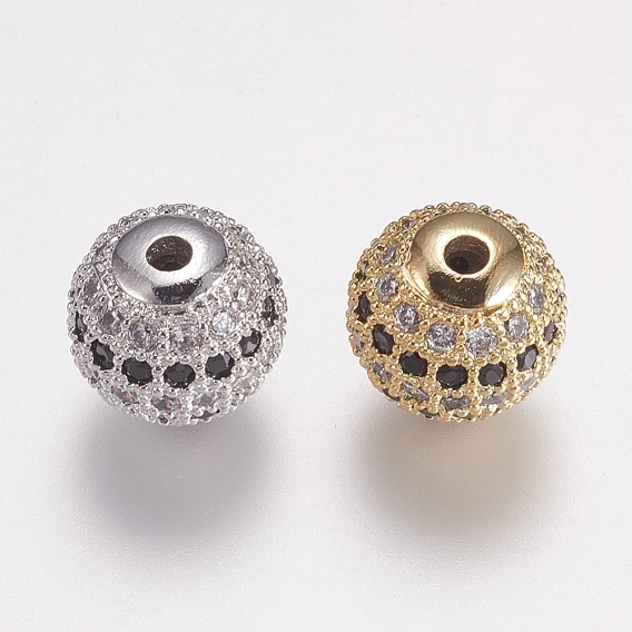 Brass Micro Pave Cubic Zirconia Beads, Round, Black