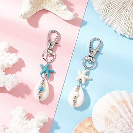 2 шт. подвесные украшения из натуральной ракушки каури, с синтетическими бирюзовыми бусинами в виде морских звезд и поворотными карабинами из сплава для украшения сумок