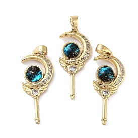 Rack Plating Brass Micro Pave Clear Cubic Zirconia Pendants, Moon Magic Stick Charms with Cyan Epoxy Resin, Long-Lasting Plated, Cadmium Free & Lead Free
