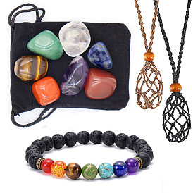 7 kits de bijoux en pierres de cristal de guérison des chakras, comprenant 7 des pierres précieuses spirituelles polies et 1 un bracelet et 2 un collier réglable avec pochette en macramé