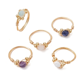 Star Cut Round Natural Rose Quartz & Amethyst & Sodalite & Howlite & Flower Amazonite Finger Ring, Copper Wire Wrapped Ring for Women