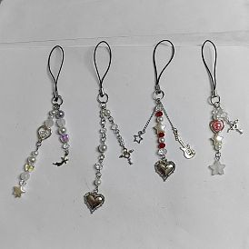 Correas móviles de aleación de estilo tibetano y perlas de imitación acrílicas, cordon poliester accesorios movil decoracion, estrella y corazón y llave
