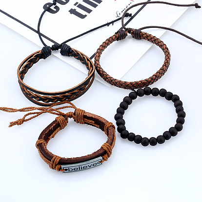4Pcs 4 Style Cowhide & Imitation Leather Cord Bracelets Set for Men, Wood Beads & Alloy Word Link Stackable Bracelets