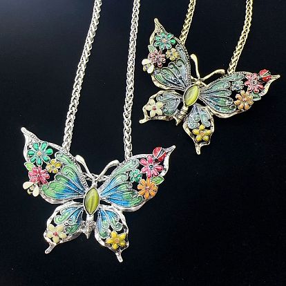 Ожерелья с подвеской в виде цветка и бабочки из сплава с цветной эмалью и кошачьим глазом для женщин