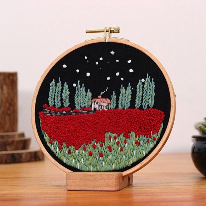 DIY Scenery Embroidery Kit, Including Imitation Bamboo Frame, Iron Pins, Cloth, Colorful Threads