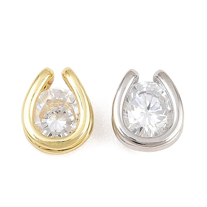 Brass Pave Clear Cubic Zirconia Charms, U Shape Charms, Rack Plating, Long-Lasting Plated, Lead Free & Cadmium Free