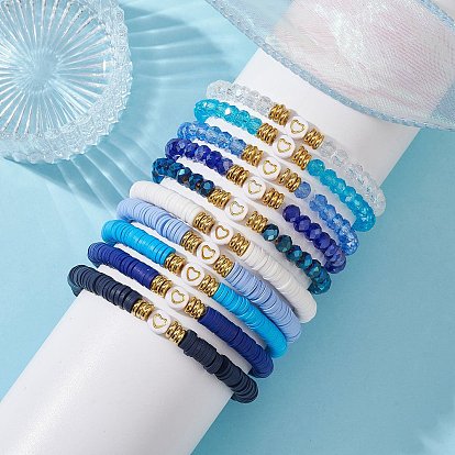 10Pcs Polymer Clay Disc & Glass & Brass Beaded Stretch Bracelets Set, Heart Stackable Bracelets