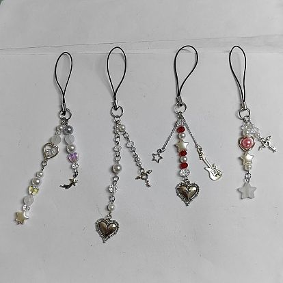 Correas móviles de aleación de estilo tibetano y perlas de imitación acrílicas, cordon poliester accesorios movil decoracion, estrella y corazón y llave