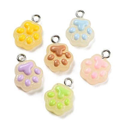 Opaque Resin Pendants, Imitation Jelly, Cat Paw Print Charms with Platinum Plated Iron Loops