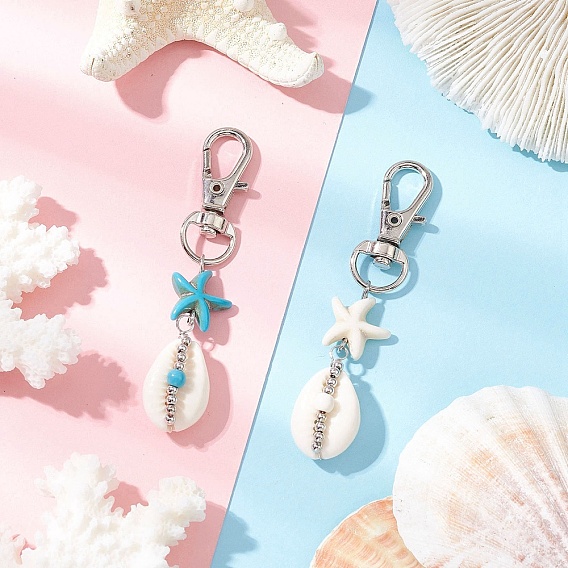 2 шт. подвесные украшения из натуральной ракушки каури, с синтетическими бирюзовыми бусинами в виде морских звезд и поворотными карабинами из сплава для украшения сумок