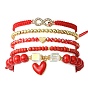 5Pcs 5 Style Glass & Brass Beaded Stretch Bracelets Set, Heart & Infinity Alloy Rhinestone Adjustable Bracelets for Valentine's Day