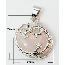 Natural Rose Quartz Pendants, with Alloy Findings, Flat Round, Pink, 27x23x10mm, Hole: 7x5mm