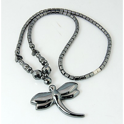 Magnetic Synthetic Hematite Necklaces, with Dragonfly Pendants and Brass Screw Clasps, 20.66 inch
