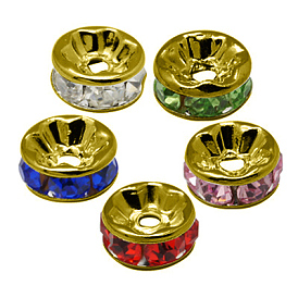 Brass Rhinestone Spacer Beads, Grade A, Straight Flange, Unplated, Nickel Free, Rondelle