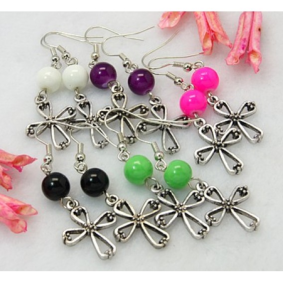Dangle Cross Earrings, with Tibetan Style Pendant, Glass Beads and Brass Earring Hook, 49mm