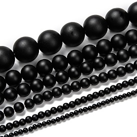 Natural Black Agate Beads Strands, Grade A, Frosted, Round, Dyed & Heated