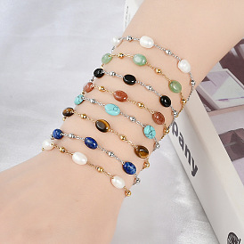 Real 18K Gold Plated Stainless Steel Gemstone/Freshwater Pearl Handmade Chain Bracelets for Women