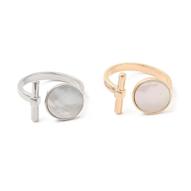 Natural Shell Flat Round & Column Open Cuff Ring, Brass Rings for Women