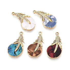 304 Подвески из нержавеющей стали, эмали и стразов, прелести из перьев, золотые