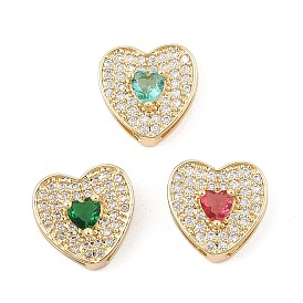 Brass Micro Pave Cubic Zirconia Slide Charms, Long-Lasting Plated, Heart