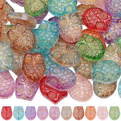 60pcs perles de verre transparentes peintes à la cuisson, chouette, métal doré enlaça