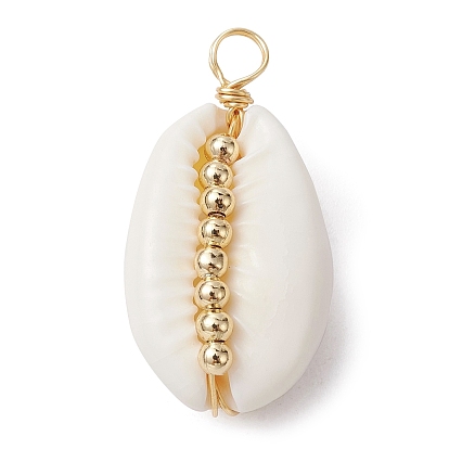 Natural Cowrie Shell Copper Wire Wrapped Pendants, Shell Charms with Golden Tone Brass Spacer Beads