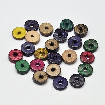 Disque de noix de coco naturelle teints perles en vrac, couleur mixte, 12~13x2~5mm, trou: 3 mm, environ 800 pcs / 500 g