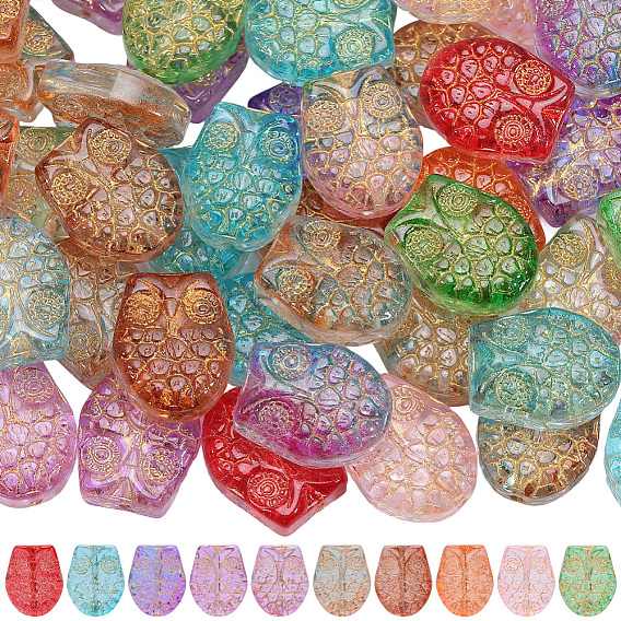 60pcs perles de verre transparentes peintes à la cuisson, chouette, métal doré enlaça