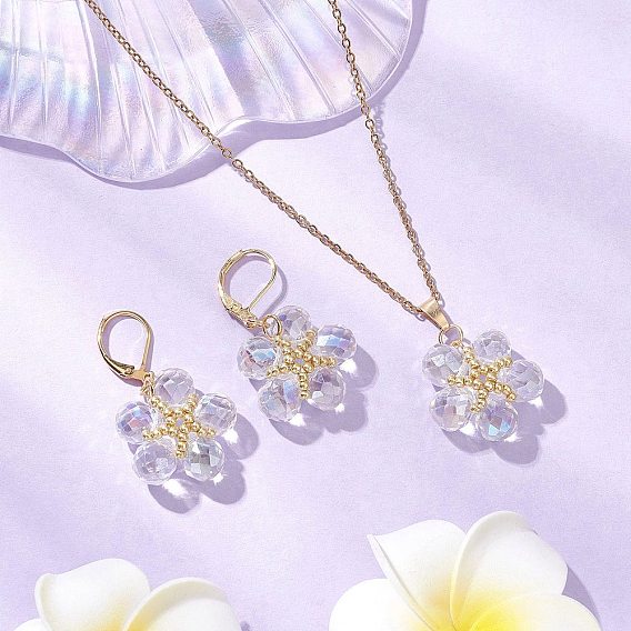 Комплекты из стеклянных и стеклянных бусин с подвесками в виде цветов и серег-колец, 304 нержавеющей стали ювелирных изделий